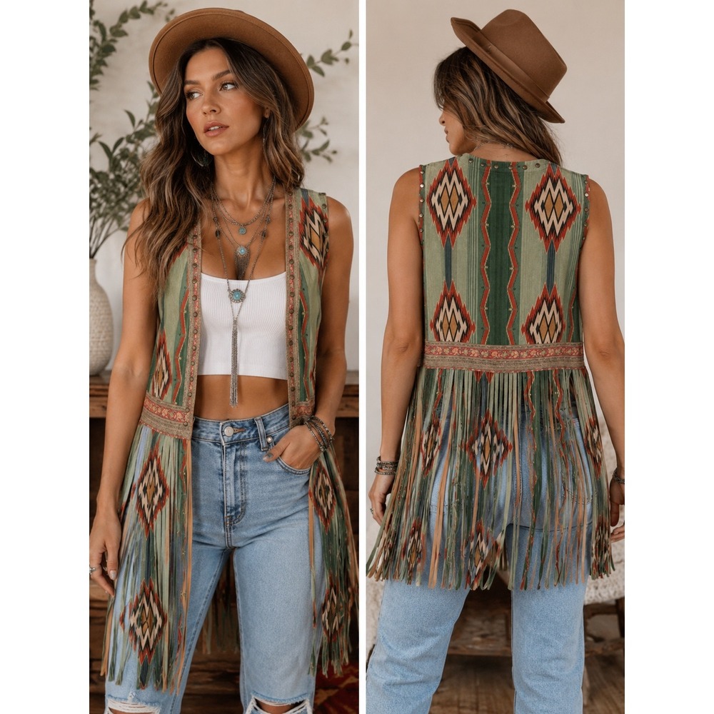 Fashion Express Southwestern Fringe Vest L Green Geometric Studded Duster Hippie